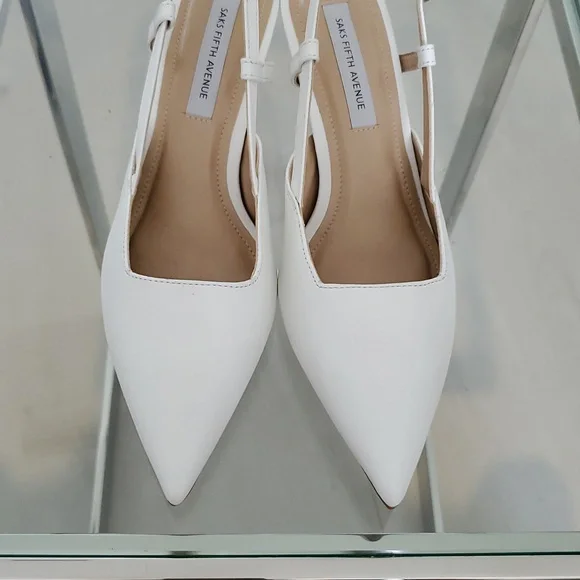 Saks 5thAve White Leather Slingback With Chrome 2” Heel Size 6 like new no box - Picture 7 of 8